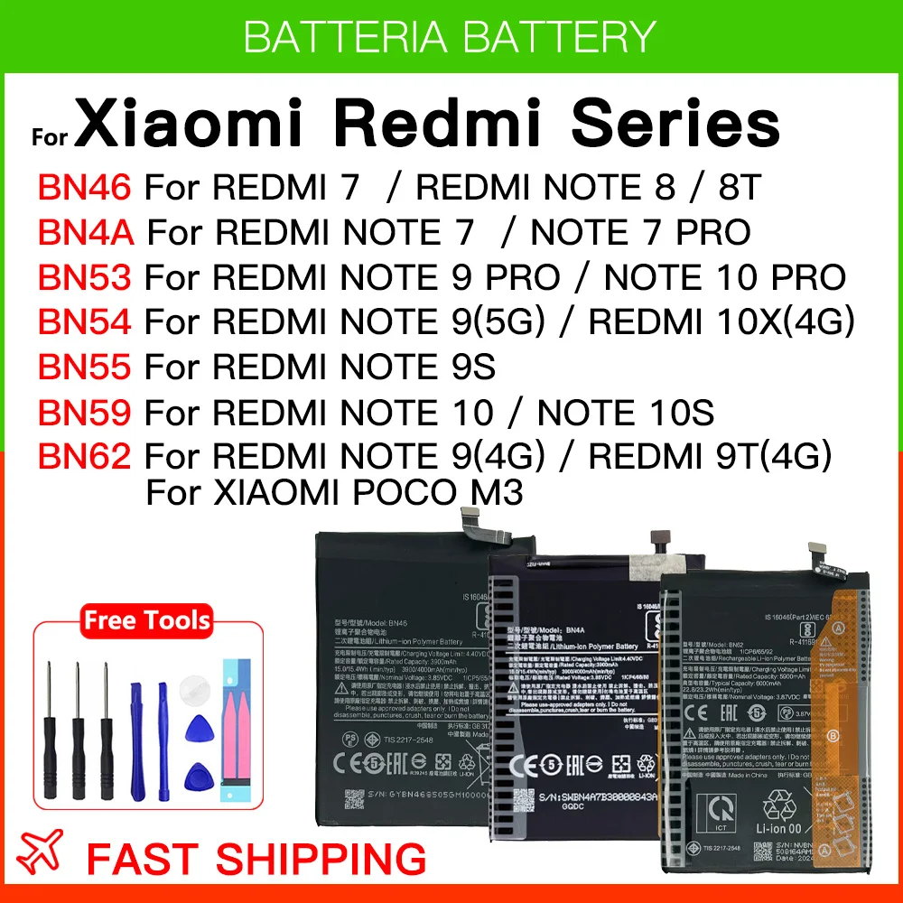 Genuine Replacement BN4A BN53 BN59 BN62 Battery For Xiaomi Redmi Note 7 8 8T 9 9T 9S 10 10S 10X 4G 5G Pro POCO M3 Batteries