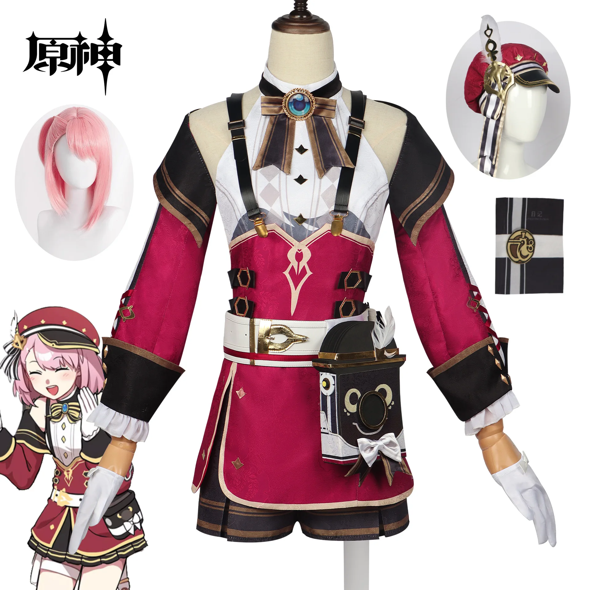 

Genshin Impact Charlotte Cosplay Costume Pink Wig Fontaine Uniform Girl Women Anime Cosplay Hat Clothes Halloween Suit XS-3XL
