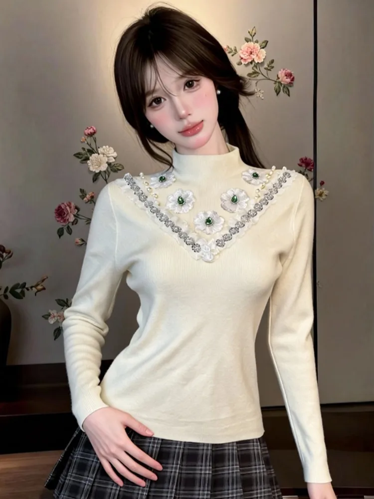 

Korean Style Slim Fit Long Sleeve Knitted Shirt Stand Collar Ladylike Elegant Autumn Winter High End Sensation Slimming Top