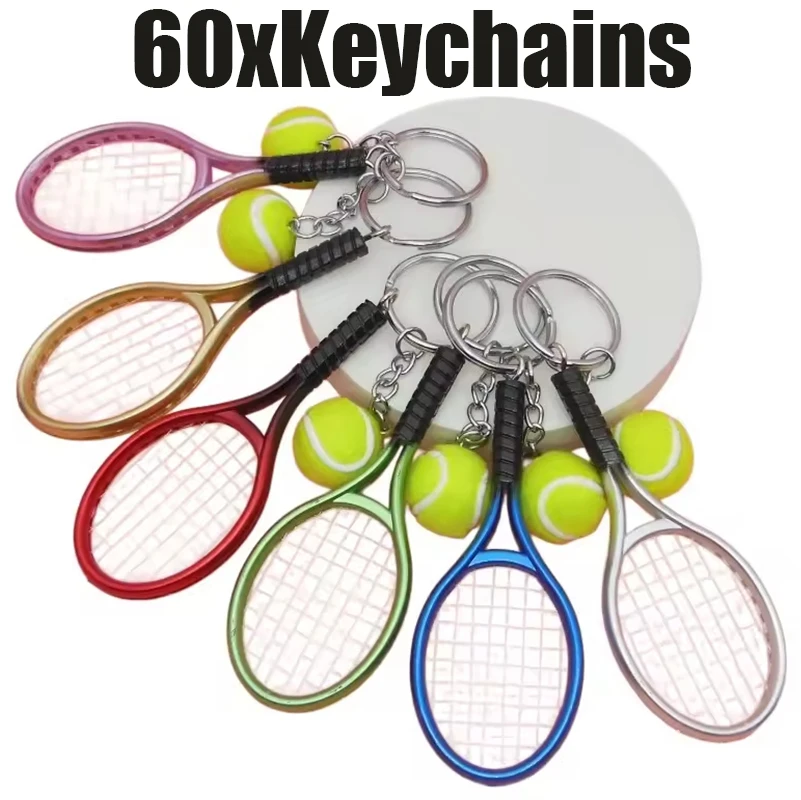 60Pcs Cute Mini Tennis Racquet Keychain Tennis Ball Pendant Key Rings, Sport Souvenir Accessories for Tennis Fans