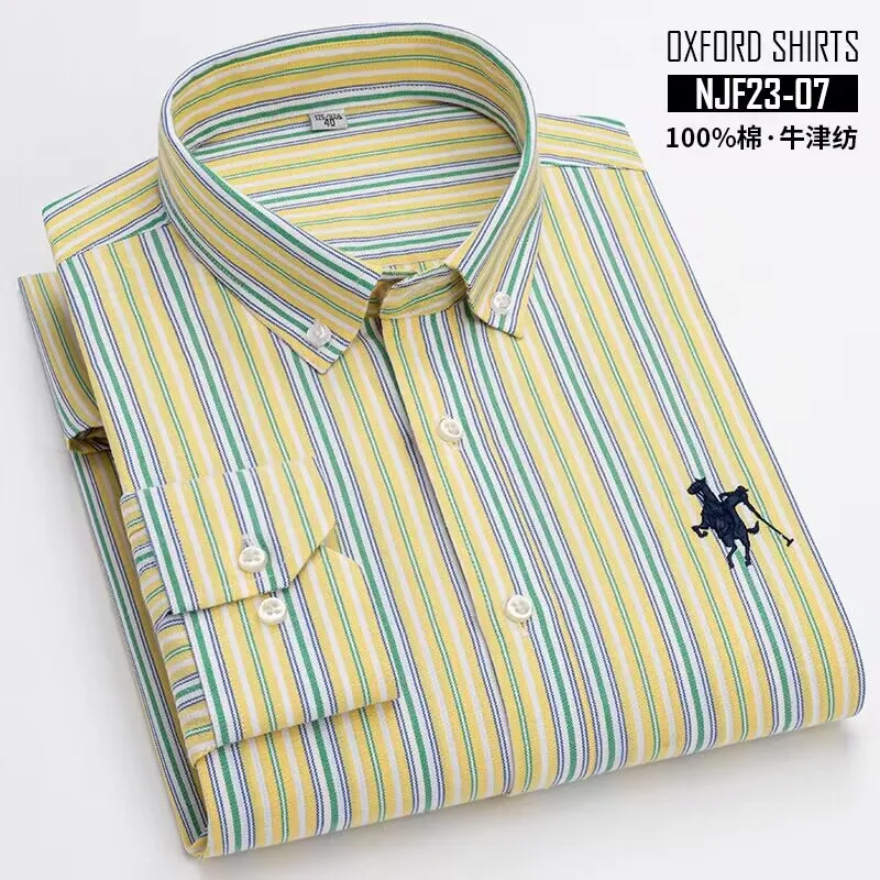 Spring And Autumn New 100% Cotton Oxford Striped long Sleeve Shirt For men Anti-wrinkle Comfort Business Fashion Casual Slim Fit