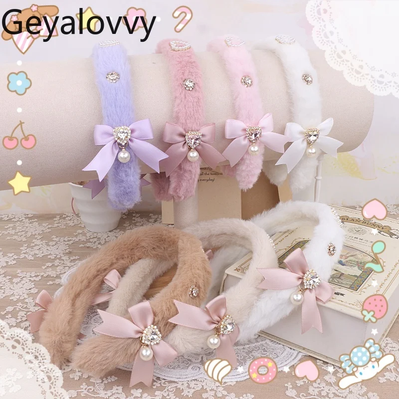 

Handmade Japanese Sweet Cute Bowknot Rhinestone Hair Accessories Pearl Fluffy Hair Accessories Headband Hair Ornament