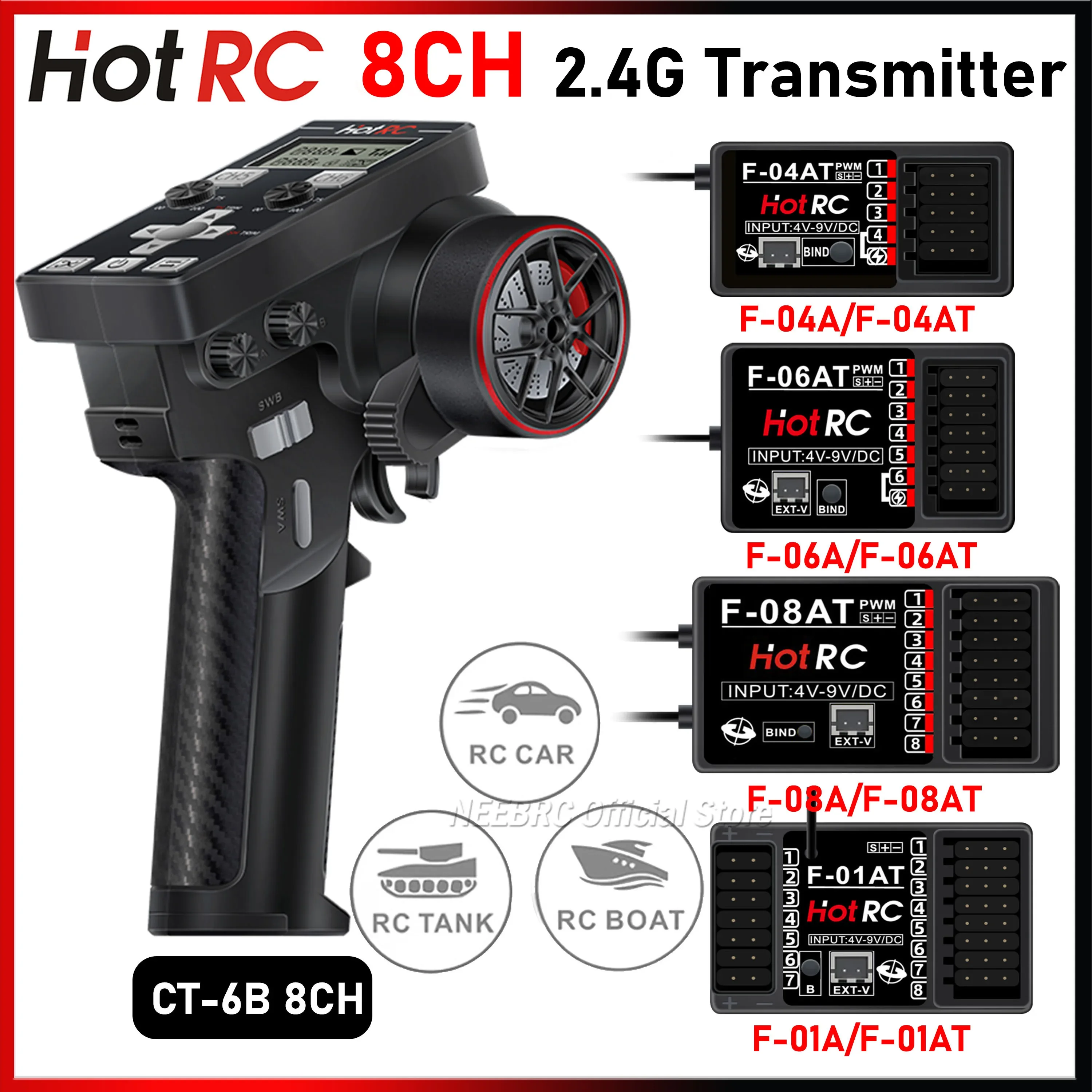 

HOTRC CT-6B 8CH 2.4G Transmitter LCD Remote Control F-04AT F-06AT F-08AT F-01A Gyro Receiver Voltage Return for RC Car Boat Tank