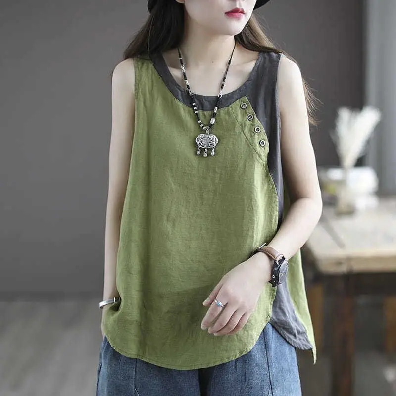 2024 Summer Women Vintage Contrast Color Patchwork Cotton Linen Tank Tops Y2K Casual O Neck Sleeveless Loose Vest Ropa De Mujer