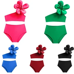 Baby Girls Swimwears Summer Bikini Set with Big Flower Kids Cute Solid Toddler Learn Swimming Suits Two-Piece Sunbeach Swimsuit