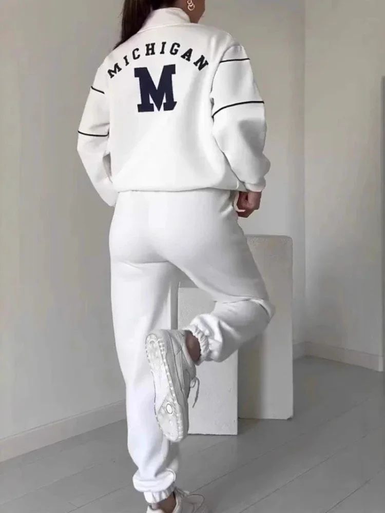 Two Piece Sets Women Pant Set Zipper Tracksuit Jogger Y2k Loose Sweatshirts Print Letter Elastic Waist Long Pants Autumn Winter
