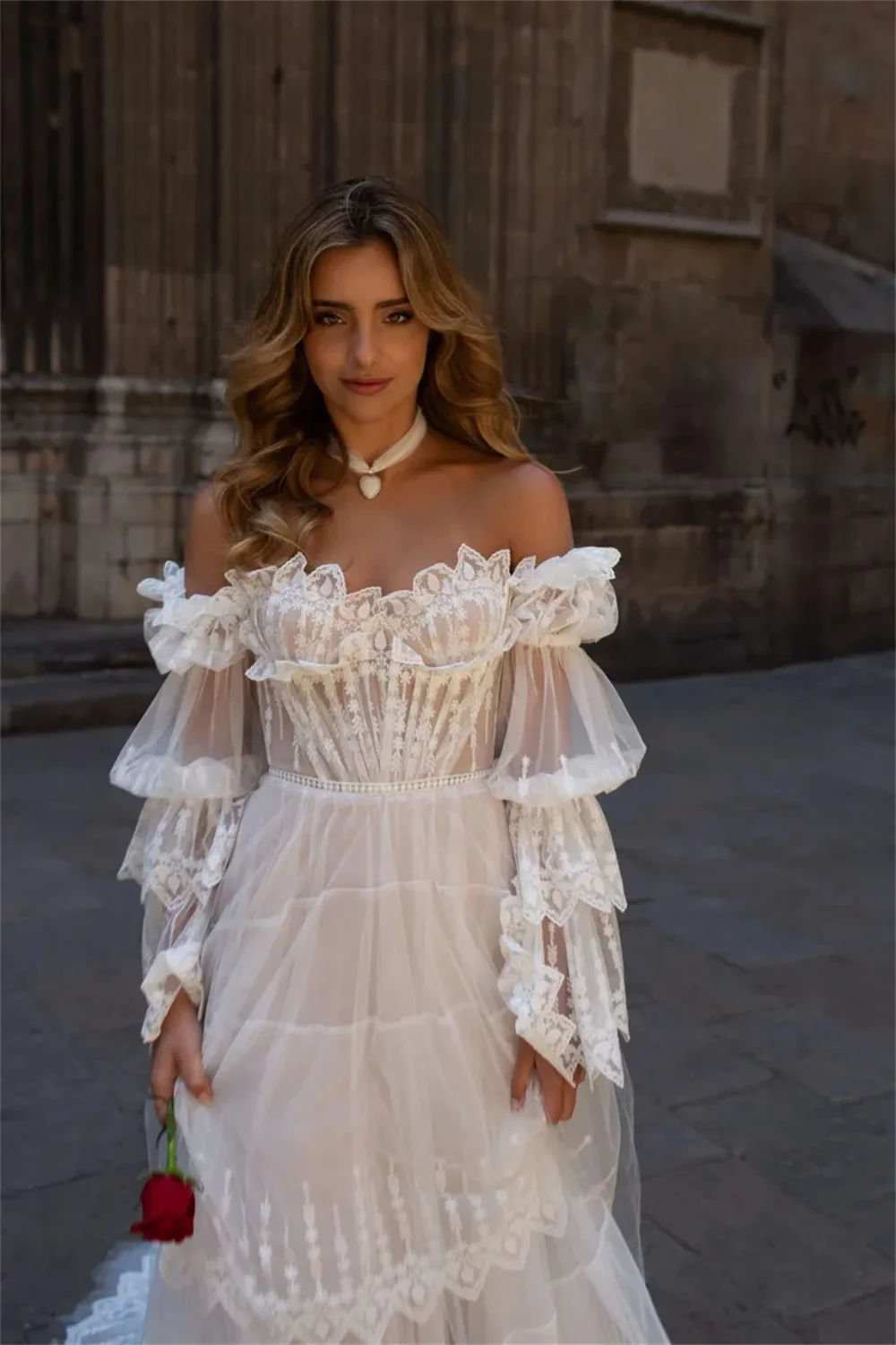 Sansa Gong Tingfeng Lace Trumpet Sleeve Wedding Dress Boho Point Lace Vestidos De Novia Elegant Off Shoulder Robe De Mariée