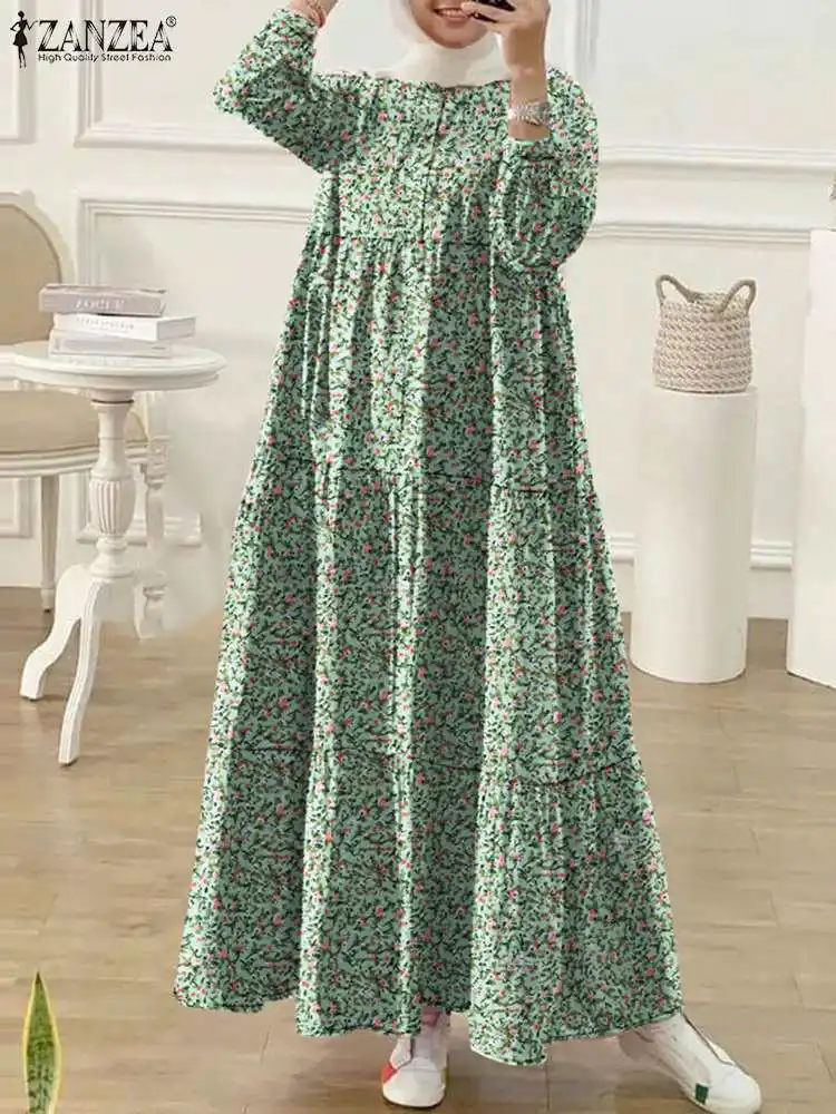 ZANZEA-vestido Abaya musulmán de manga larga para mujer, traje elegante con dobladillo y volantes, bohemio, Floral, para primavera y otoño, 2024