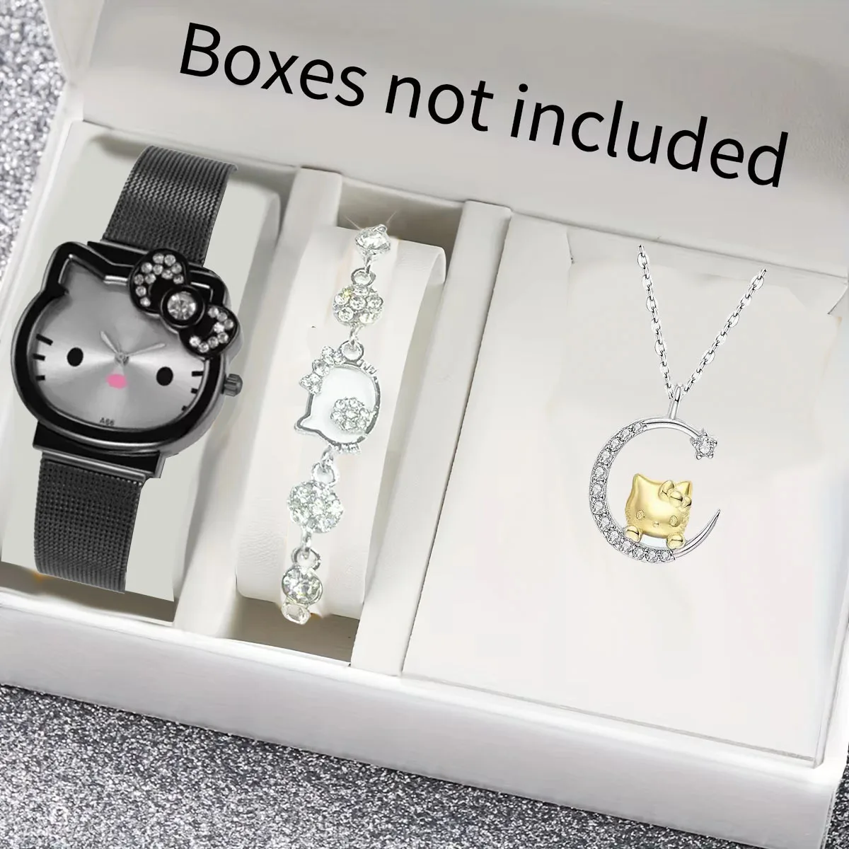 3 unids/set Kawaii Hello Kitty relojes de mujer con lazo de diamante de Metal reloj de mujer regalos de cumpleaños para estudiantes con collar y pulsera