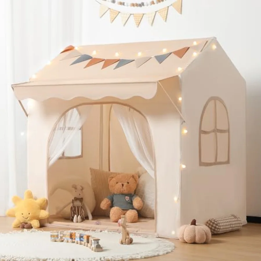 

Play Tent 2 in 1 with Padded Mat and Lights Large Indoor Outdoor Playhouse with 2 Doors 2 Windows Christmas Toddler Tent 51 x 3