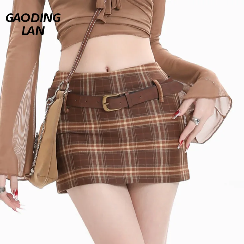 

High Street American Low Waist Sexy Mini Skirts Women Coffee Stripe Hip Wrap Skirt Summer with Belt High Quality Plaid Skirt