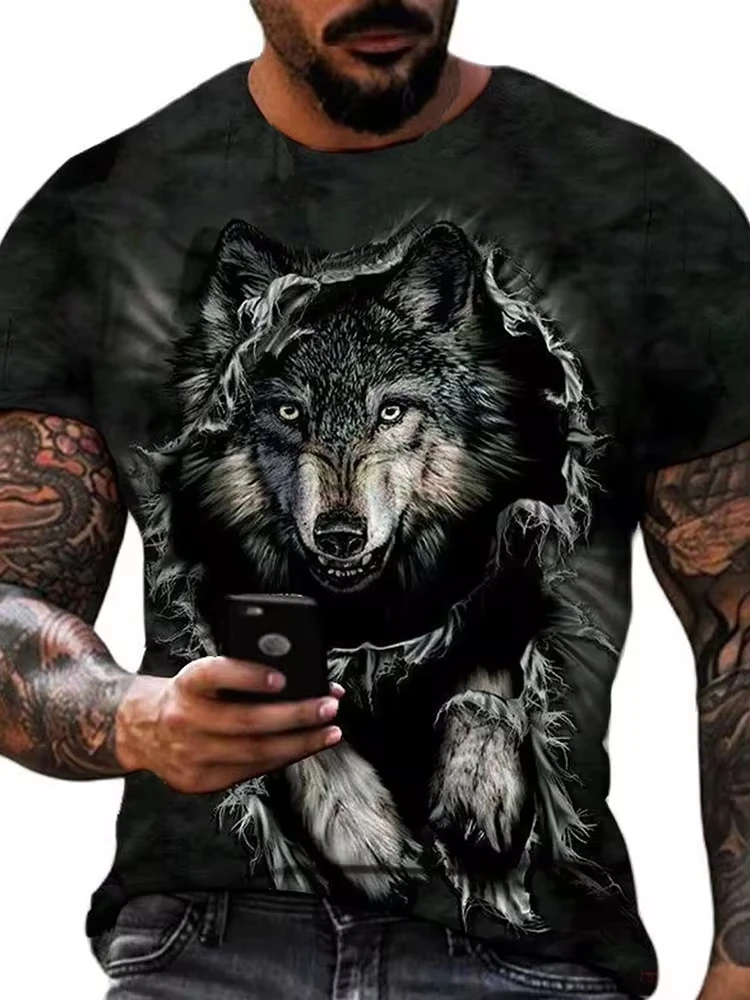 Men's T-shirt Wolf Print Casual Streetwear Fashion Short-sleeved Pullover Summer Outdoor Sports Top Tee Oversized Clothing image 2