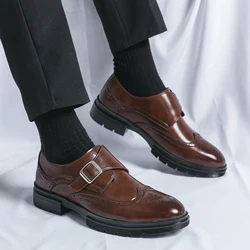 Brand Business Shoes Men's Genuine Leather Italian Wingtip Oxfords Monk Strap Buckle Brogue Quality Wedding Social Shoes for Men