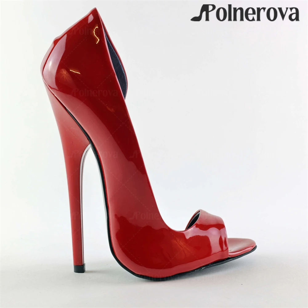 Red Patent Leather Extreme Pumps Sexy Style Peep Toe Stiletto High Heels Side Hollow Slip on Pumps for Women Handmade Large Size