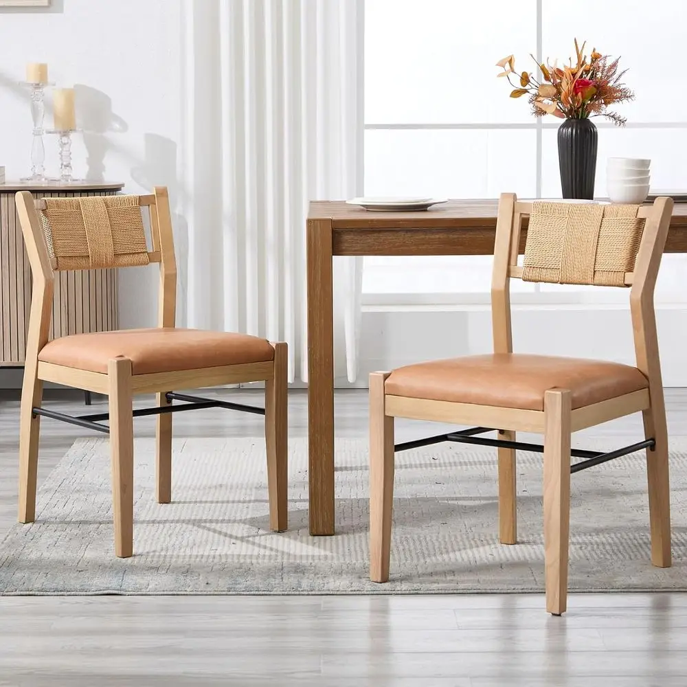 

Upholstered Leatherette Dining Chairs Set of 2 with Woven Backrest for Kitchen/Living Room, Brown