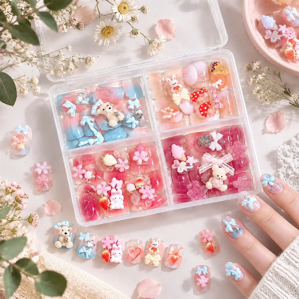 Mixed Style False Press‑On Nails 96Pcs 4‑Grid Storage Box Kawaii 3D Bear Rabbit Ornaments For Hand‑Crafted Nail Art Decor Kit