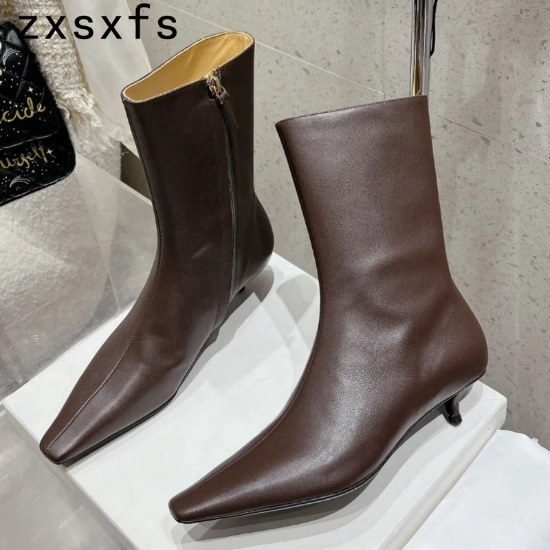 New Real Leather Ankle Boots For Women Kitten Heel Party Shoes Ladies Autumn Cowboy Short Boots Classic Botas Mujer 2024