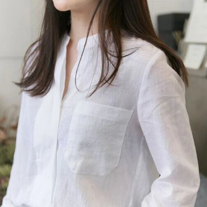 Loose Casual Cotton Linen Women's Shirt Spring Autumn Long Sleeve Stand Collar Korean Style Base Layer Top