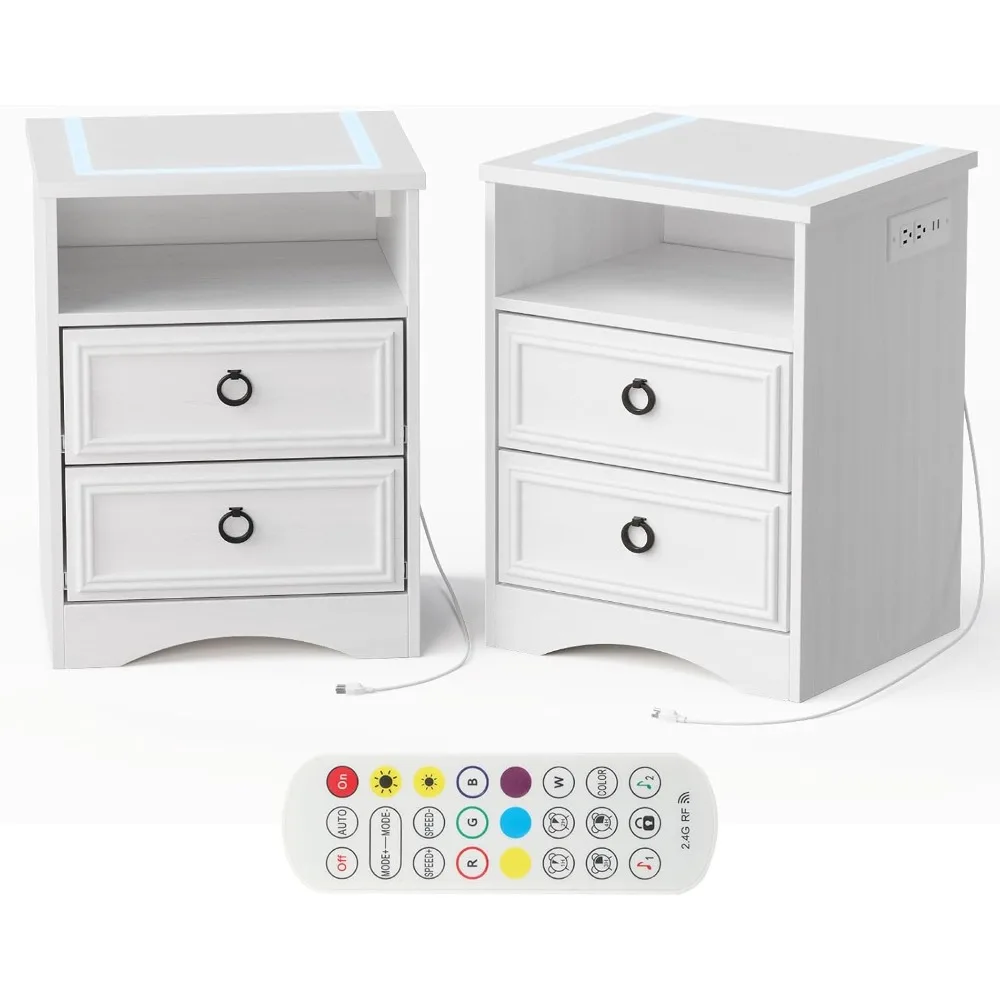 Nightstand with Strip Lights, USB Outlets Set of 2, Night Stand with Drawers, Bed Side Table and End Table with Open Storage