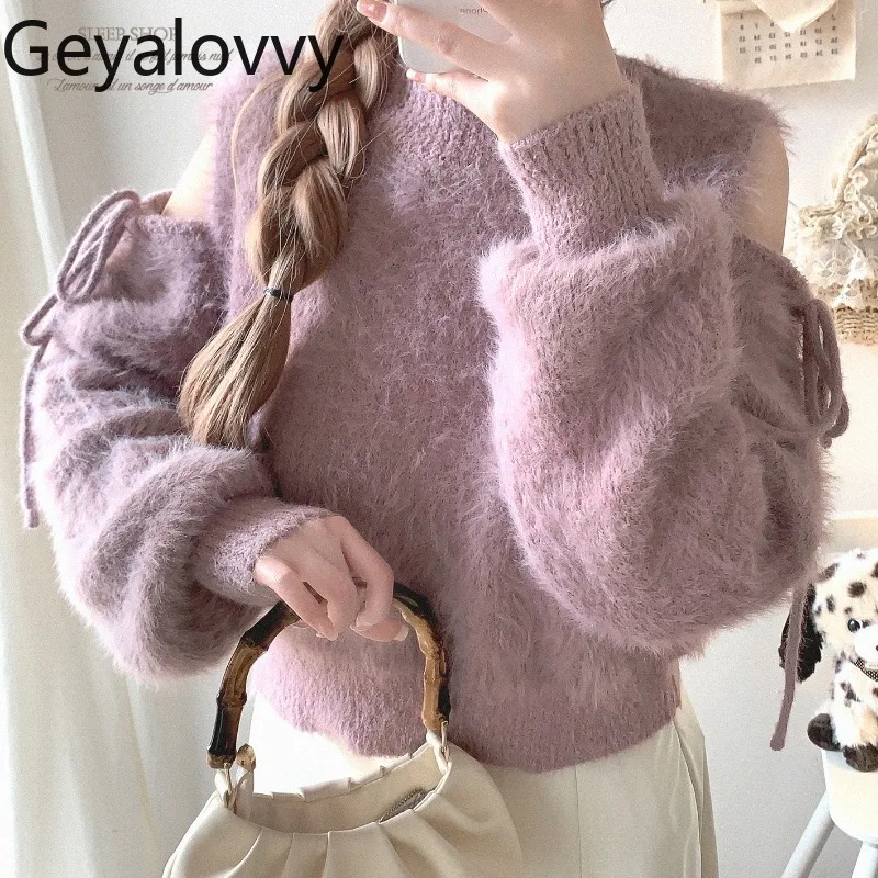 

Japanese Style Stand Collar Off-Shoulder Soft Faux Mink Pullover Sweet Girl Versatile Solid Color Tie Bow Fluffy Knitted Sweater