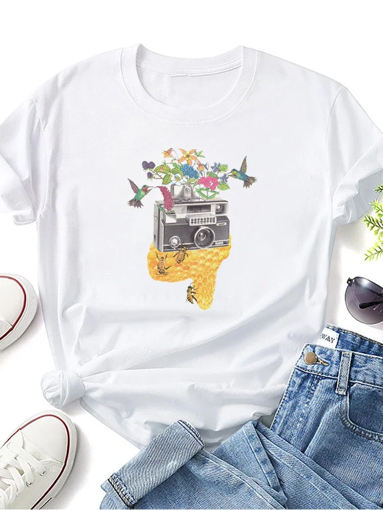 Ladies T Shirt  Casual Short Sleeve Camera Print T Shirt  O-Neck Loose Summer White Tee Top Short Sleeve T Shirt White Clothes