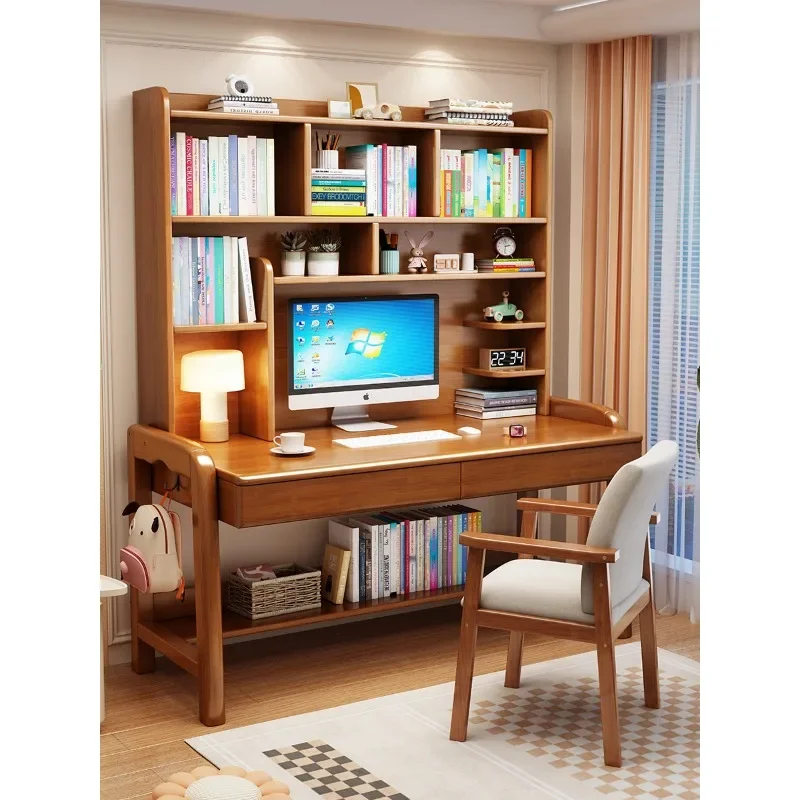 Solid wood desk bookshelf integrated lifting student computer desk writing desk bedroom children's