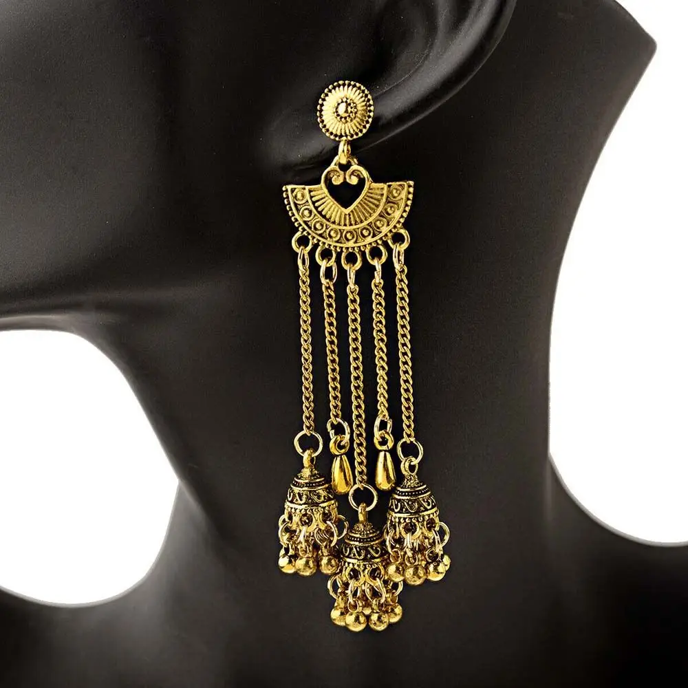 Exaggerated Boho Elegant Carved Totem Bells Metal Indian Jhumka Drop Earrings Dangle Earring Studs Earrings Jewelry