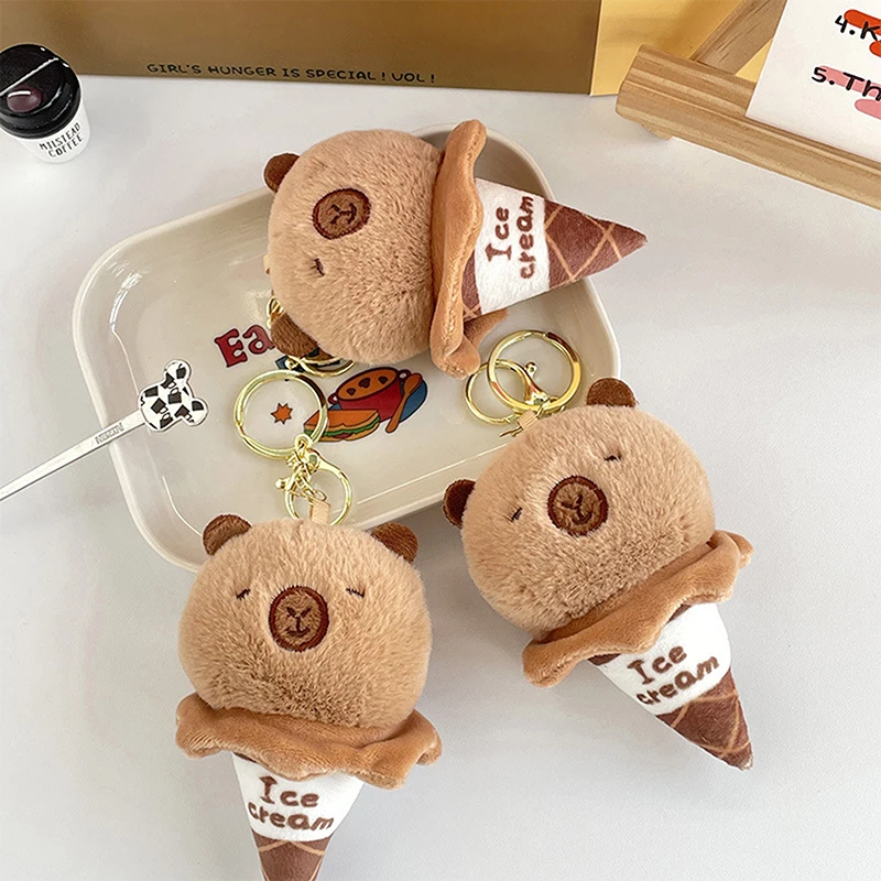 Cute Ice Cream Cone Capybara Plush Doll Toy Stuffed Animals Keychain Bag Pendant Girly Heart Key Hanging Ornament Accessory Gift