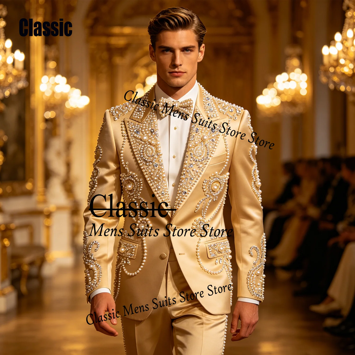 

Customized Luxury Jewelry Bead For Men Suit High End Crystal 2 Pieces Groom Male Blazers Ropa hombre Formal Slim Wedding Tuxedos