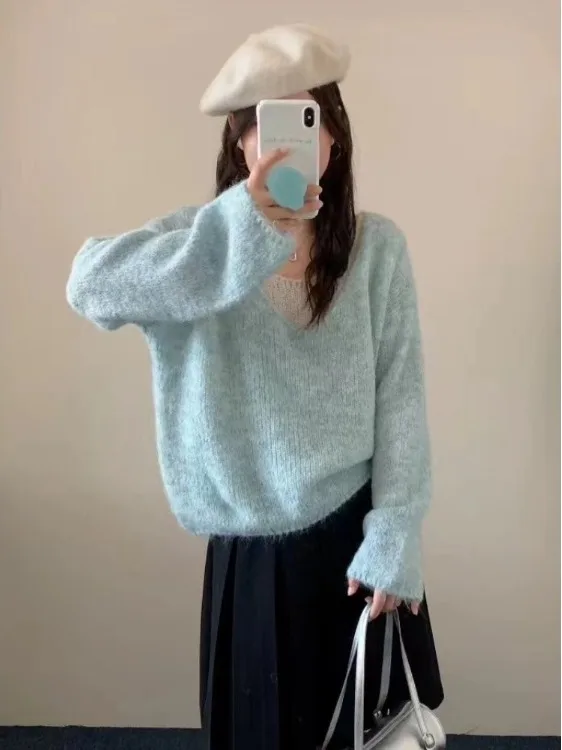 Koreanische Sle V-Ne Gestrickte Pullover frauen Herbst Winter Neue Sanfte Faul Weiche Junge Aussehende Pullover Overhead Top