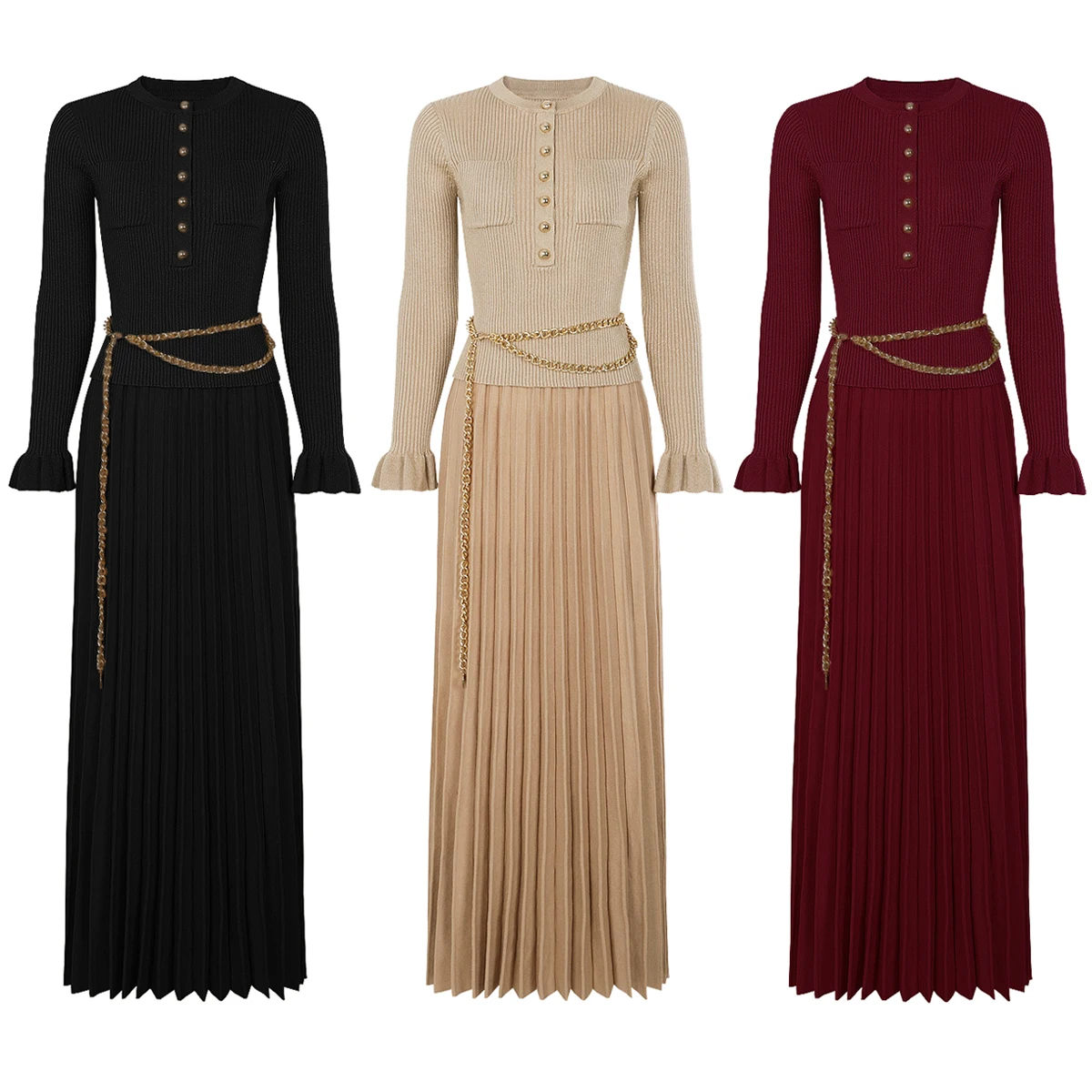 

25292 High-quality Spring And Autumn New Fashion Slim Fit Chain Belt Long Sleeved Top Knitted Pullover+pleated Skirt Women's Set