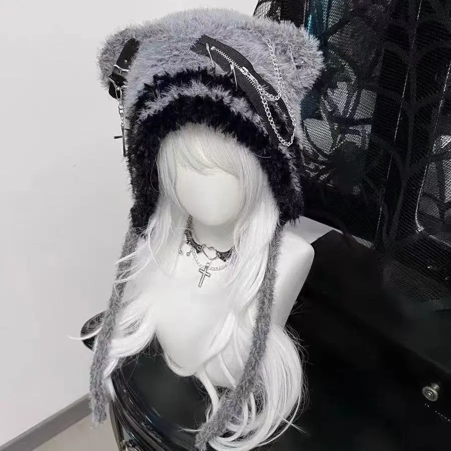 Dziewczęca czapka Y2K dla kobiet, japońska Harajuku, gotycka, urocza czapka z uszami misia, zimowa, ciepła, puszysta czapka typu bone, utrzymująca ciepło, subkultura steampunk, czapka beanie.
