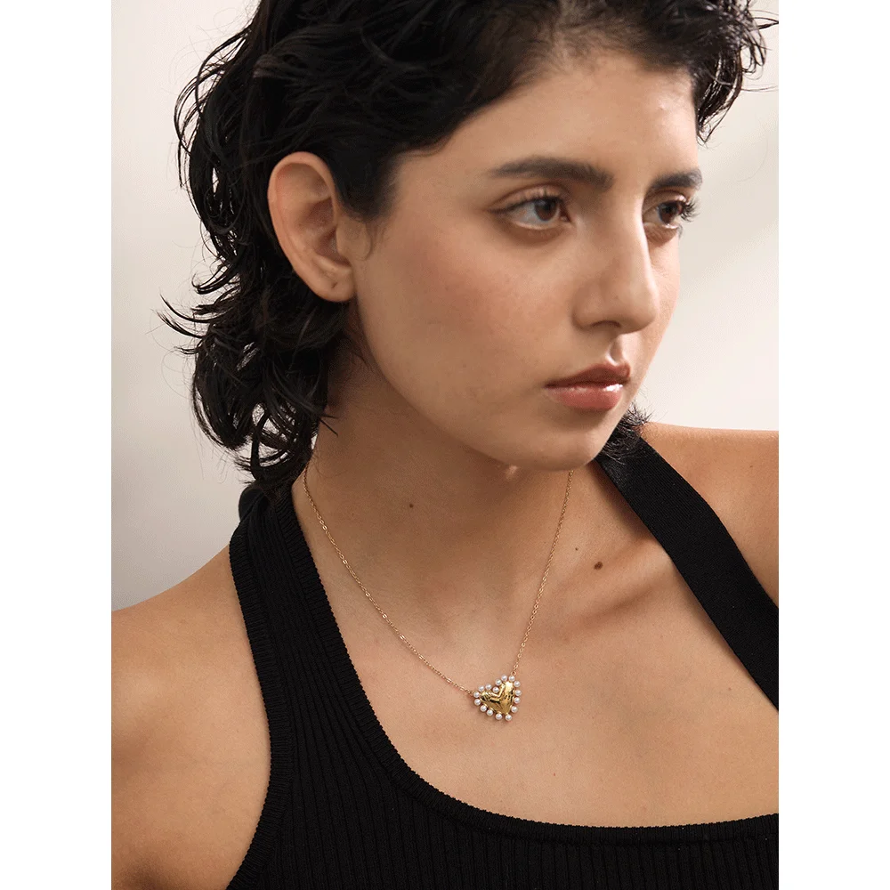 Yhpup Elegant Imitation Pearls Heart Love Popular Necklace Pendant Stainless Steel Romantic Collar Neck Jewelry Waterproof