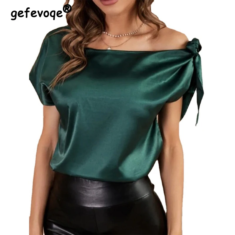 Blusa holgada de manga corta con cuello oblicuo para mujer, camisa elegante de gasa lisa con lazo, ropa de calle para primavera y verano, 2022