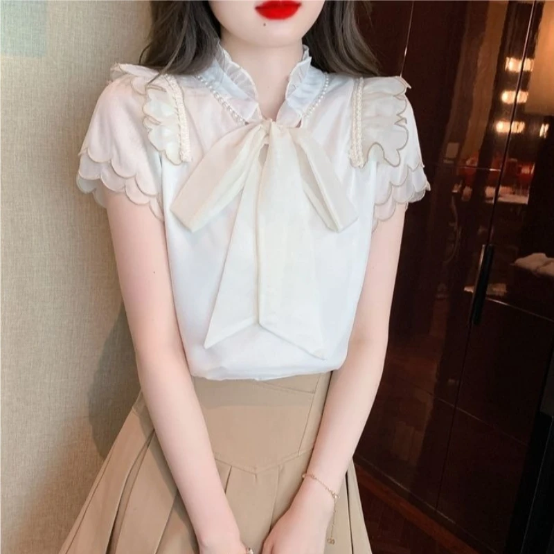 

Luxury Vibe Bow Tie Chic Chiffon Women's Short Sleeve Shirt 2026 Summer New