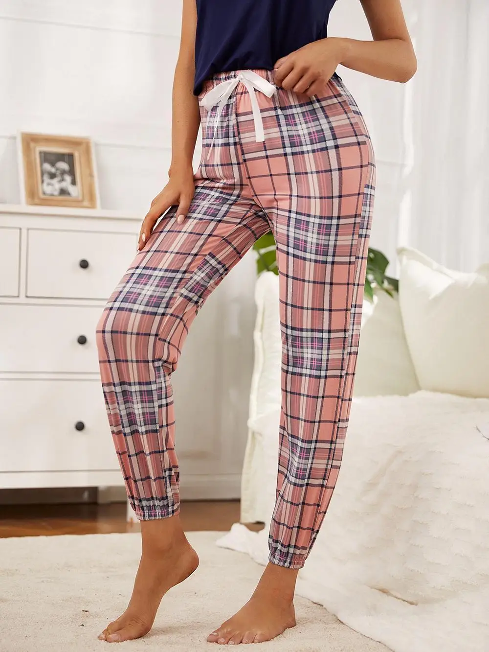 Pink Plaid Women\'s Pajama Pants Elastic Drawstring Waist Trousers Full Length Buttom Sleepwear Nightwear Lounger Home Clothing