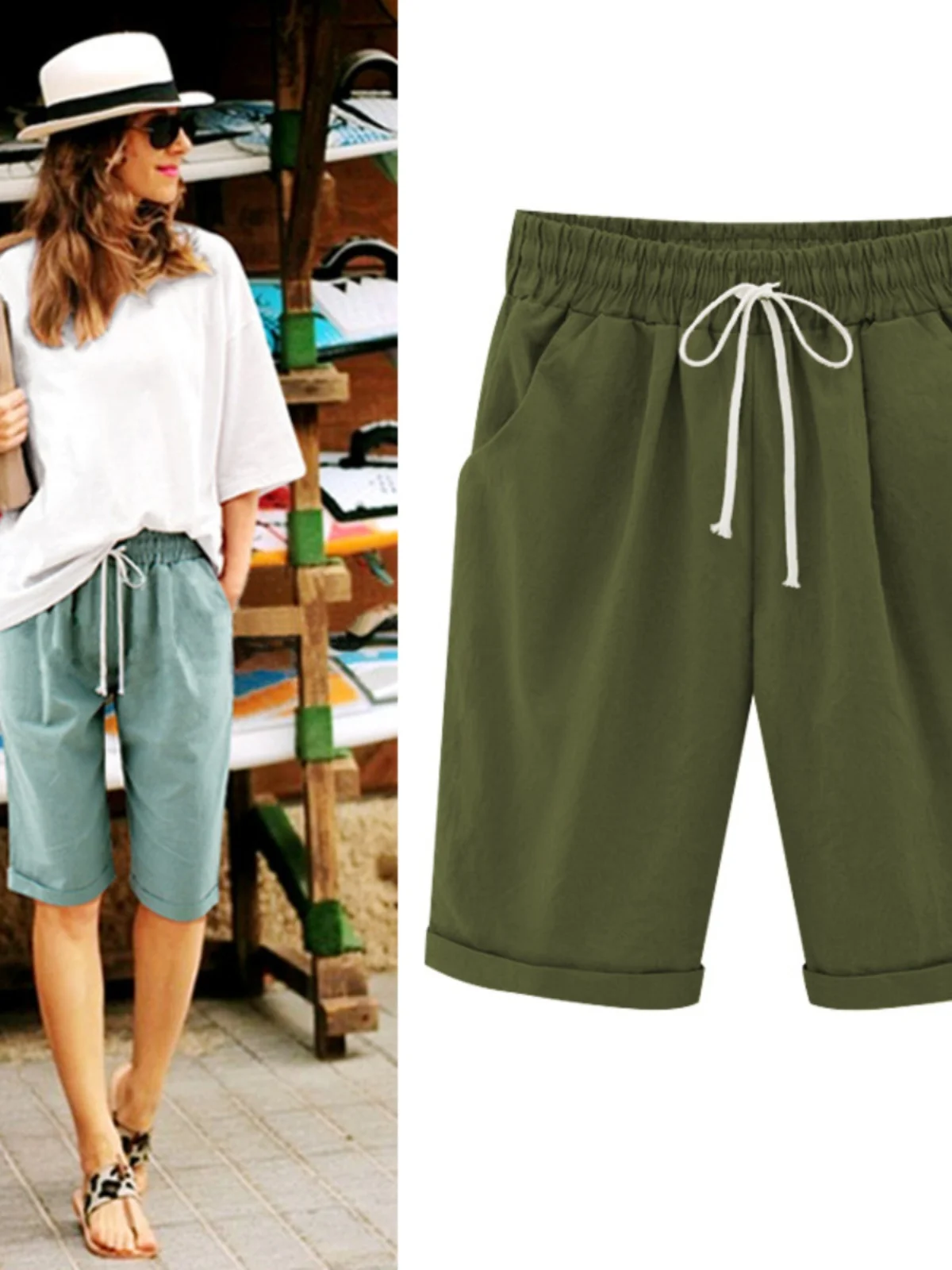 Pantalones informales finos de longitud media para mujer, pantalones de punto de algodón transpirables y cómodos de talla grande, corte en la cintura, verano