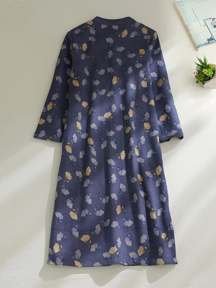 Retro Le Print Thiened Garza di cotone Lungo Sve Colletto alla coreana Dr plus Size Abbigliamento donna Grasso MM Button Plaet Maxi...