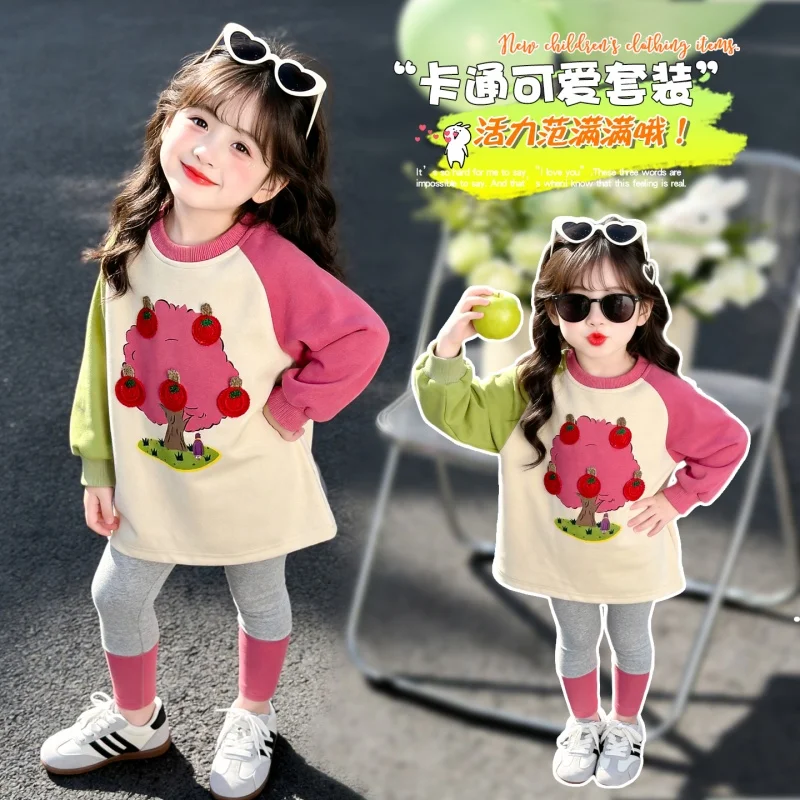 Girls Spring Autumn 2Pcs Outfit, Apple Tree Print Raglan Sweatshirt & Color Block Leggings Set for Little Girls 90-140cm