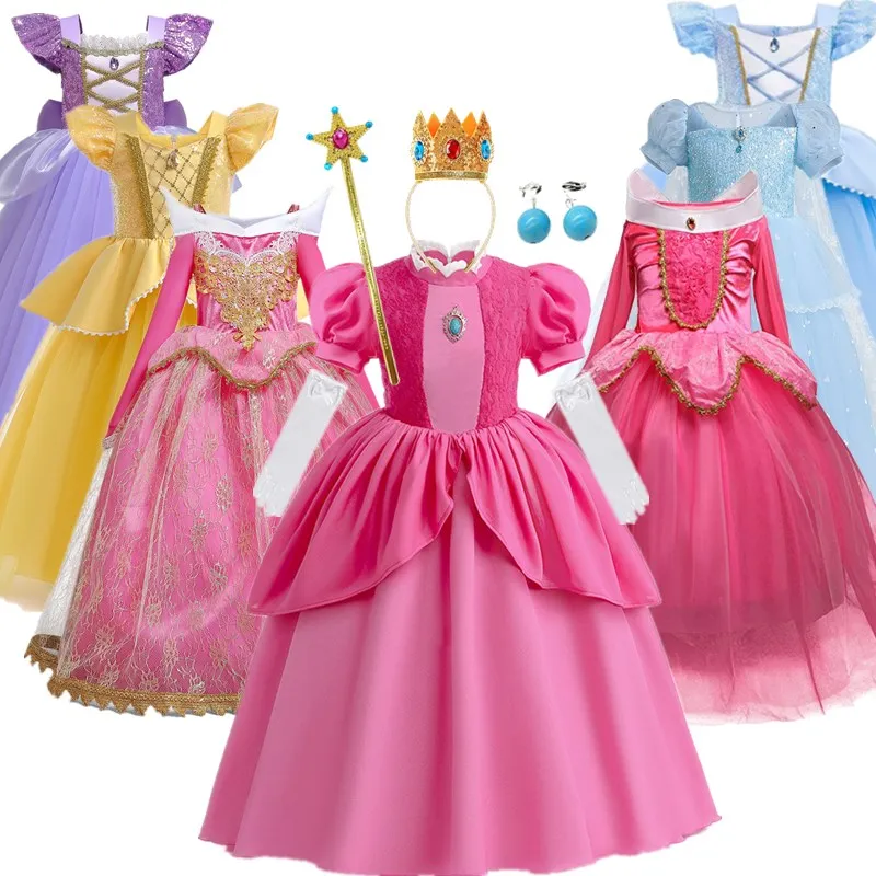 2024 Costumes for Girls Cosplay Peach Princess Belle Cinderella Snow White Princess Disguise Carnival Party Fancy Dress Up 3-10Y