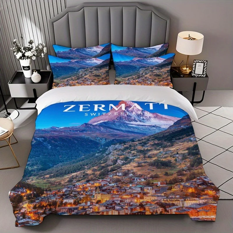 Soft Duvet Cover Set of Three, 2D Flat Printed Duvet Cover Set, Bedding Set with Zermatt Swiss Snow Mountain Scenery, Machine Washable, Invisible Zipper, Large Duvet Cover Set, Bedding Set, Quilt Cover
