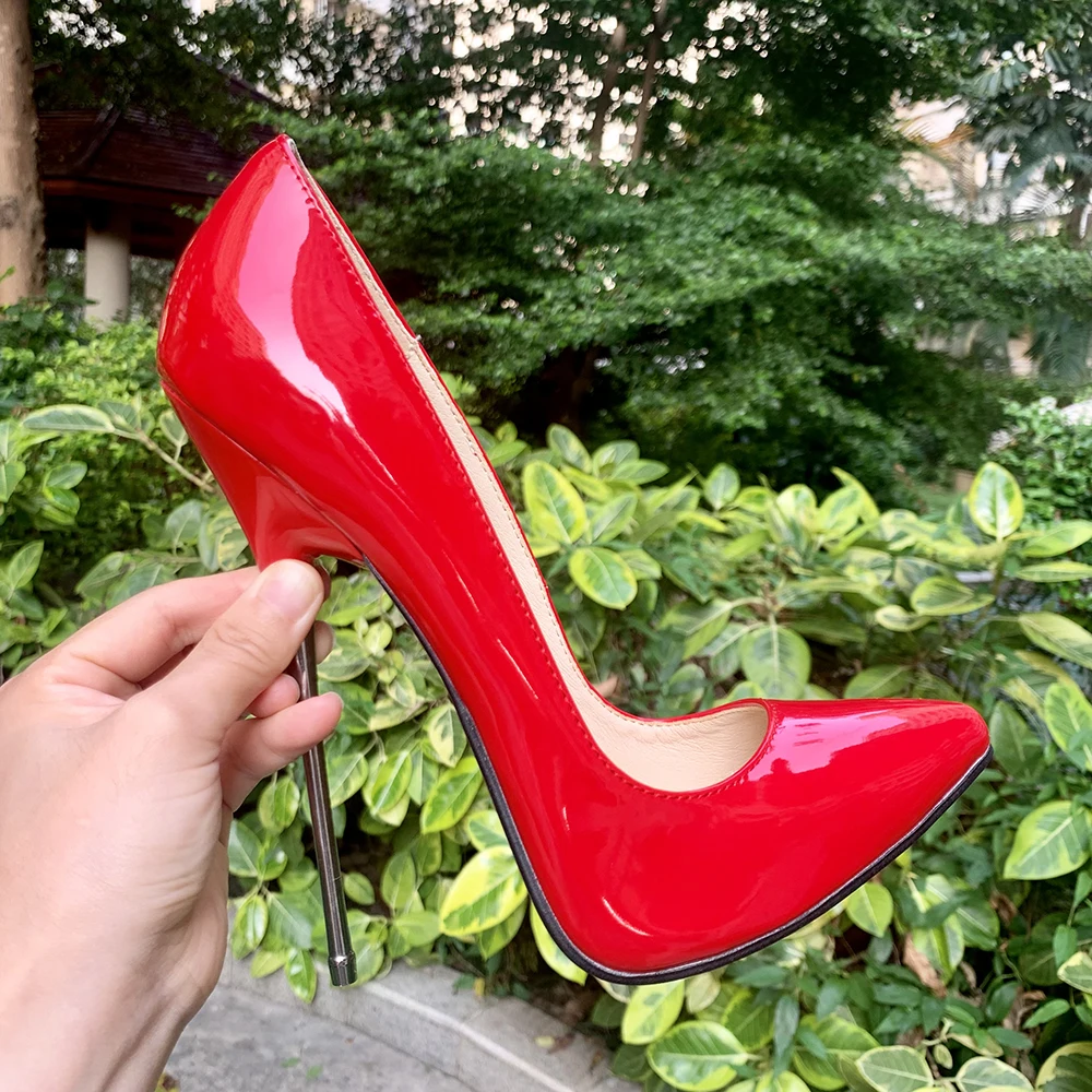 Sepatu High Heels stiletto logam ekstrim 16cm seksi wanita pump merah Fetish SM Model pesta sepatu pria uniseks Crossdresser Plus ukuran 46