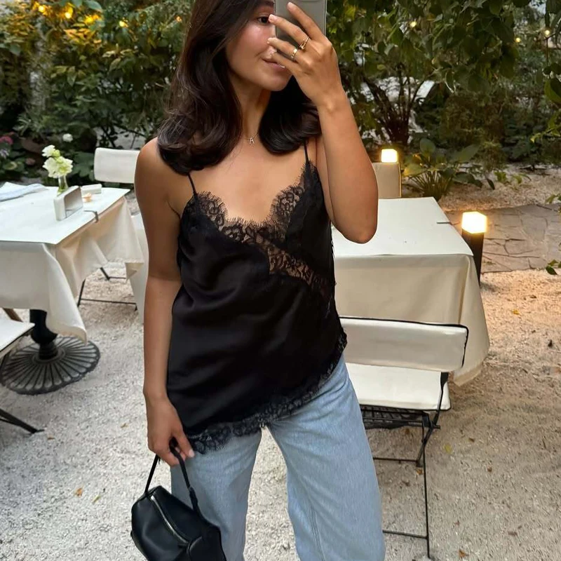 HXAO Camisole Black Lace Top Women Summer Sleeveless Cropped Sexy Tops Cut Out Backless Asymmetrical Top Woman Corset Slip Top image 5