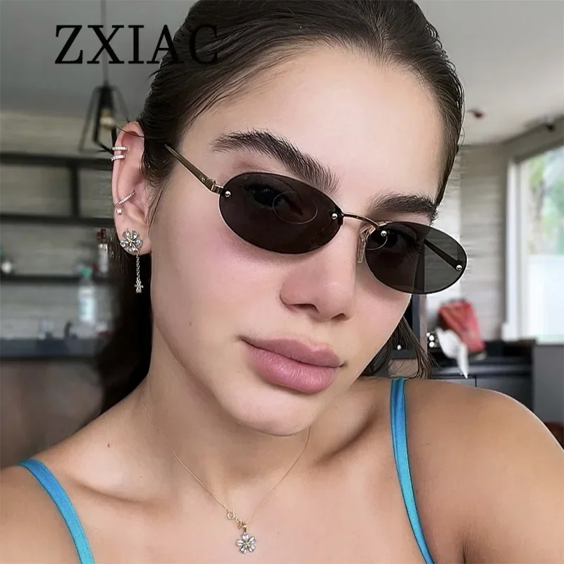 ZXIAC Trendy Rimless Oval Sunglasses Women Retro Rivet Small Frame Sun Glasses Men Fashion Metal Frameless Thin Leg Shades UV400