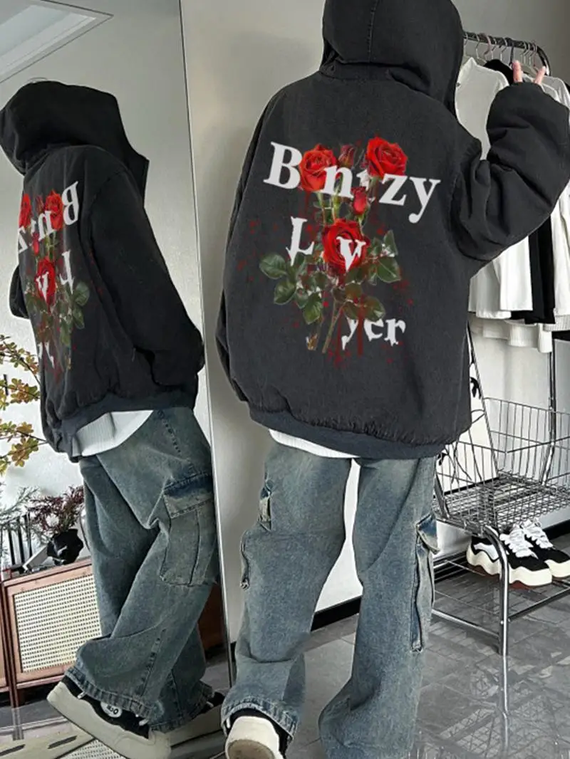 

Bla Fce Lined Hooded Denim Jaet Men's Autumn Winter Sle American High Street Cool Open Cardigan Sweatirt High End ...