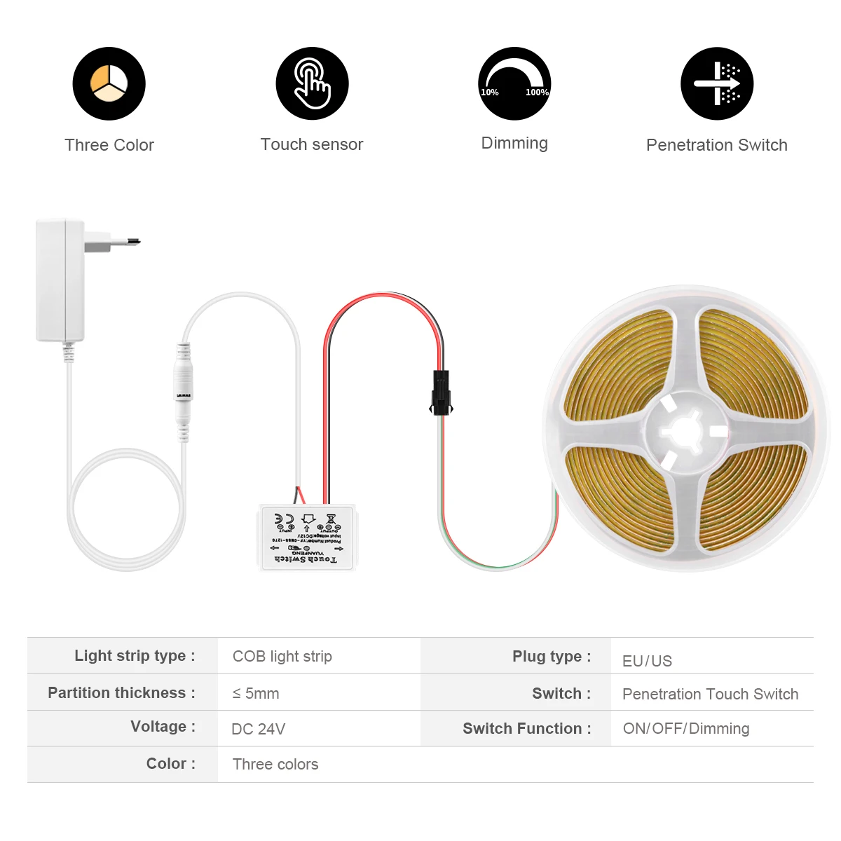 24V CCT COB LED Strip Light Mirror Touch Sensor Dimmer Switch 608 LEDs High Density Flexible FOB 2700K to 6000K Linear Dimmble