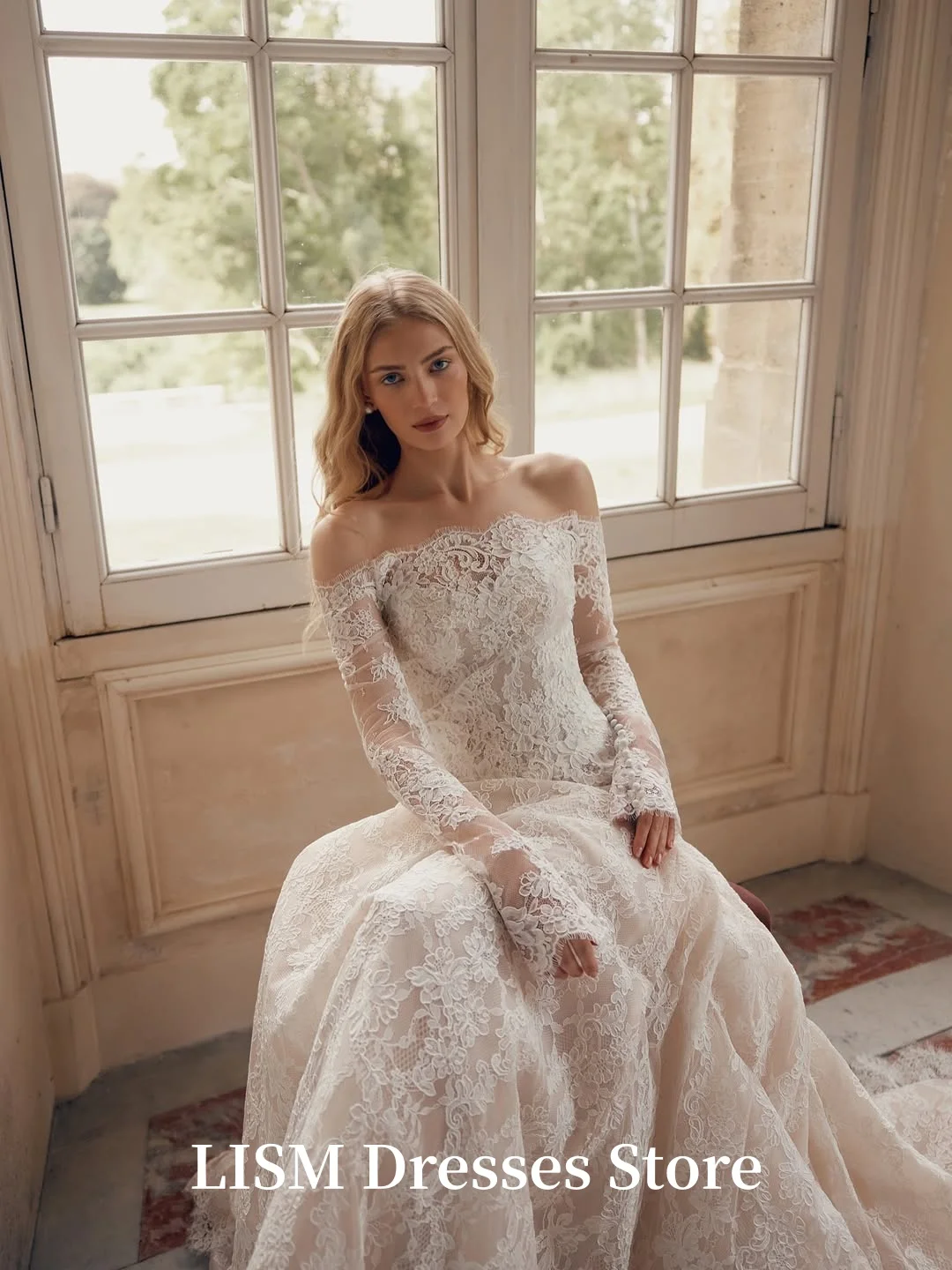 LISM فساتين زفاف فاخرة على شكل قلب على شكل حرف a بأكمام طويلة من الدانتيل الحريري أنيقة طويلة زي العرائس مخصص رداء السهرة #1