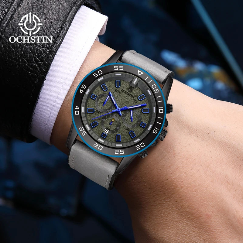 OCHSTIN Mens Genuine Leather Strap Multifunction Quartz Aviator Series Watch Man Waterproof Casual Sport Fashion Wristwatch