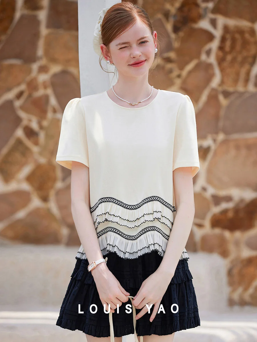 LOUIS YAO Summer Woman T-shirt 2025 Color Contrasting Splicing Straight-shoulder Top Casual Micro Elastic Women's T-shirt