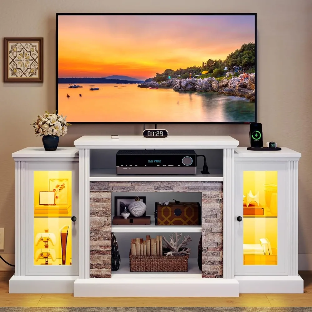 

Modern TV Stand for 65 Inch TV, LED Entertainment Center with Power Outlets, Media Console TV Cabinet with Adjustable Shelves &